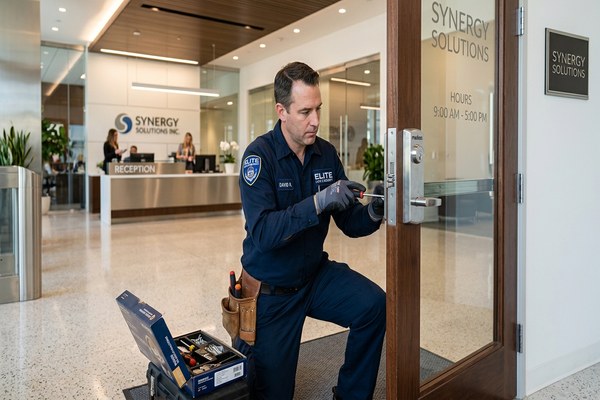 Commercial locksmith installing access control at a Belmont business